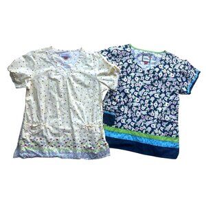 2 Mary Engelbreit Medical Scrub Top Women's Size Med Multicolor Floral Hospital